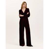 Finery London Velvet Jersey V-Neck Waisted Jumpsuit Burgundy