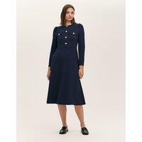 Finery London Ponte Jersey Button Through Midi Skater Dress Navy