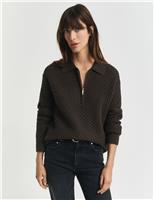 GANT Cotton Rich Textured Half Zip Jumper Dark Green