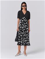 Ghost Floral V-Neck Midi Tea Dress Black Mix