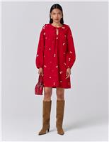 Cord Embroidered Collared Mini Smock Dress