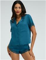 Amelia Satin Lace Trim Revere Shortie Set