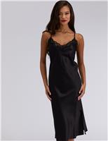 Watchshop Amelia Satin Strappy Lace Trim Long Chemise Black