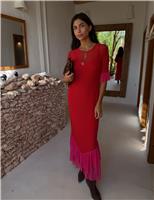 Mesh Textured Ruffle Maxi Bodycon Dress