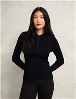 HOBBS Ribbed Collared Half Zip Knitted Shirt Black Mix