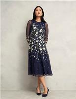 HOBBS Embroidered Midi Skater Dress Blue Mix