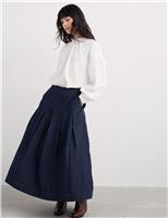 Denim A-Line Midi Skirt with Linen