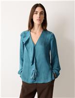 Satin V-Neck Frill Detail Blouse