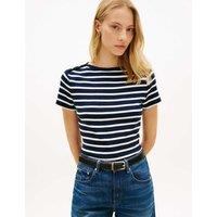Tommy Hilfiger Pure Cotton Striped Button Detail T-Shirt Navy Mix