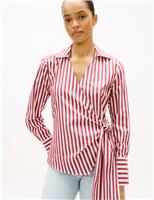 Tommy Hilfiger Pure Cotton Striped Knot Front Blouse Red Mix
