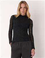 Cotton Blend Lace Detail High Neck Top