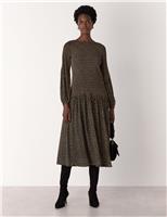 Spot Print Pliss Slash Neck Midi Smock Dress