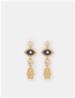 Gold Plated 14ct Evil Eye and Hamsa Drop Earrings