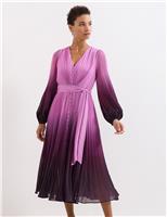 Phase Eight Ombre Plisse V-Neck Midi Waisted Dress Purple