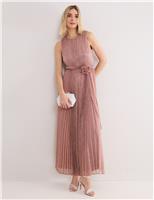 Phase Eight Plisse Metallic Midi Waisted Dress Light Pink