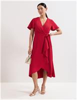 V-Neck Angel Sleeve Midi Wrap Dress
