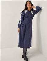 Denim Embroidered Knee Length Skater Dress