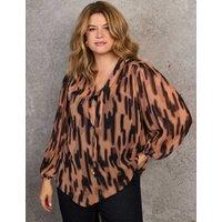 Live Unlimited London Abstract Print V-Neck Blouse Brown Mix