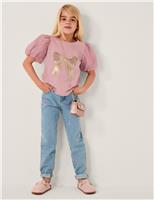 Pure Cotton Sequin Bow Puff Sleeve T-Shirt (3-13 Yrs)