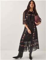 Embroidered Tie Neck Midi Tea Dress