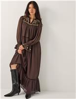 Embroidered Tie Neck Maxi Smock Dress