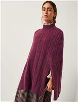 Cable Knit Funnel Neck Poncho with Wool