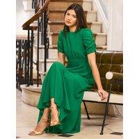 RO&ZO Sheer Skirt Puff Sleeve Maxi Skater Dress Dark Green