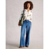 White Stuff Pure Cotton Jersey Printed Collared Shirt White Mix