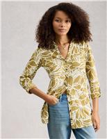 White Stuff Pure Cotton Floral Collared Longline Shirt Green Mix