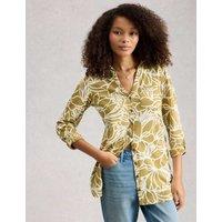 White Stuff Pure Cotton Floral Collared Longline Shirt Green Mix