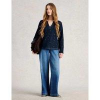 White Stuff Pure Cotton Embroidered Notch Neck Top Navy Mix