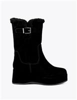 Carvela Suede Faux Fur Trim Flatform Mid Calf Boots Black