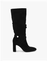 Suede Block Heel Slouch Knee High Boots