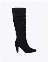Ruched Block Heel Knee High Boots