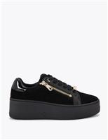 Carvela Leather Lace Up Zip Detail Flatform Trainers Black