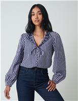 Pure Cotton Collared V-Neck Gingham Blouse