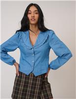 Denim Frill Collar Button Through Blouse