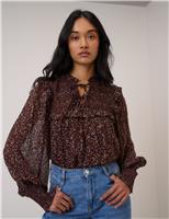 Floral Tie Neck Shirred Blouse