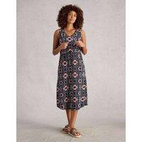 White Stuff Jersey Printed V-Neck Midi Tea Dress Navy Mix