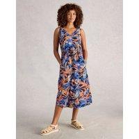 White Stuff Pure Cotton Jersey V-Neck Midi Dress Navy Mix