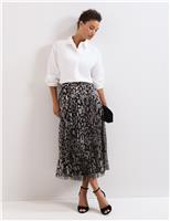 Animal Print Foil Pleated Midi Skirt