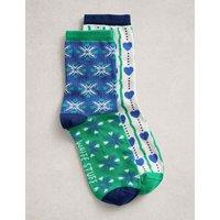 White Stuff 2 Pack Cotton Rich Heart Ankle High Socks Blue Mix