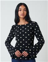 Polka Dot Round Neck Flute Sleeve Blouse