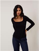 Nobody's Child Ribbed Square Neck Asymmetric Fitted Top Black