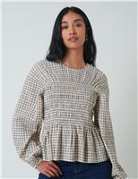 Checked Crew Neck Shirred Fitted Peplum Top