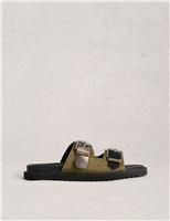 Leather Metallic Buckle Foodbed Flat Sliders