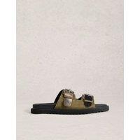White Stuff Leather Metallic Buckle Foodbed Flat Sliders Black