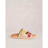 White Stuff Leather Metallic Buckle Foodbed Flat Sliders Silver