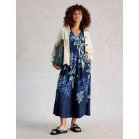 White Stuff Linen Blend Printed Midi Skater Dress Navy Mix