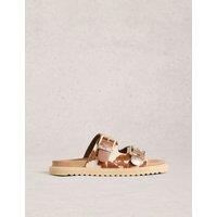 White Stuff Leather Metallic Buckle Foodbed Flat Sliders Tan